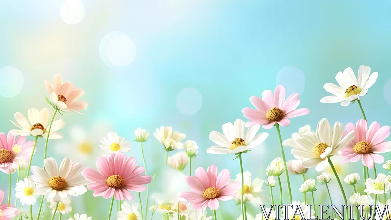 Pink White Daisies Bloom Against Soft Blue Sky
