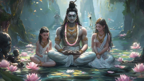 Hindu deity meditates in lotus pond with two serene figures