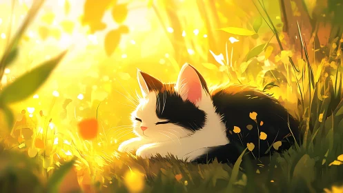 Sun-drenched meadow nap for a black and white dreamer.