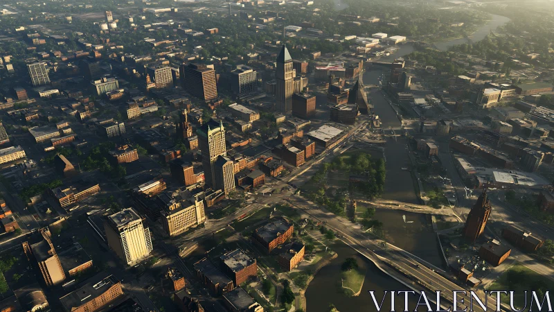Sunlit riverfront cityscape unfolds in a warm urban panorama