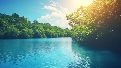 Sunlit tropical river curves past dense emerald mangroves.