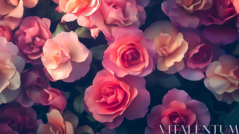 Luminous Rose Garden. Soft Pink Blooms Backlit by Golden Hour.