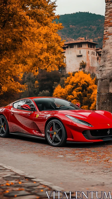 Scarlet sports car gliding through golden autumn charm.