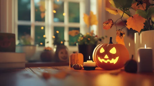 Glowing jack o lantern on wooden table in cozy room.