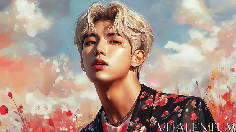 Luminous floral portrait of blonde youth in painterly sky.