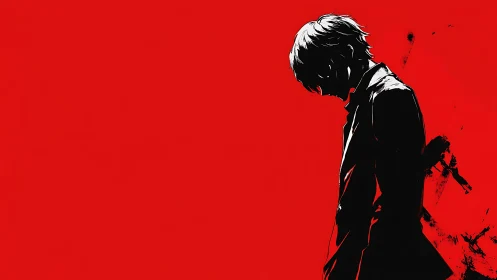 Silhouetted anime figure in high-contrast red negative space.