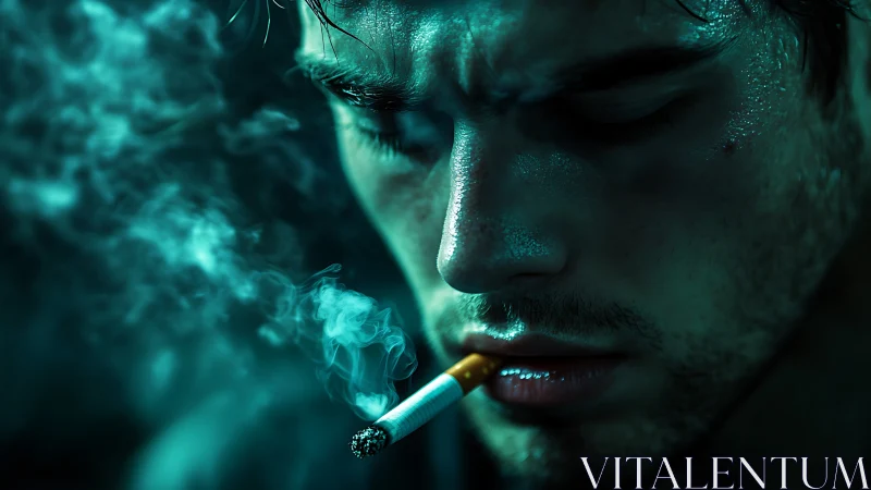 Close male face with cigarette and teal colored smoke present.