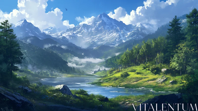 Sunlit alpine valley with reflective river and snow peaks.