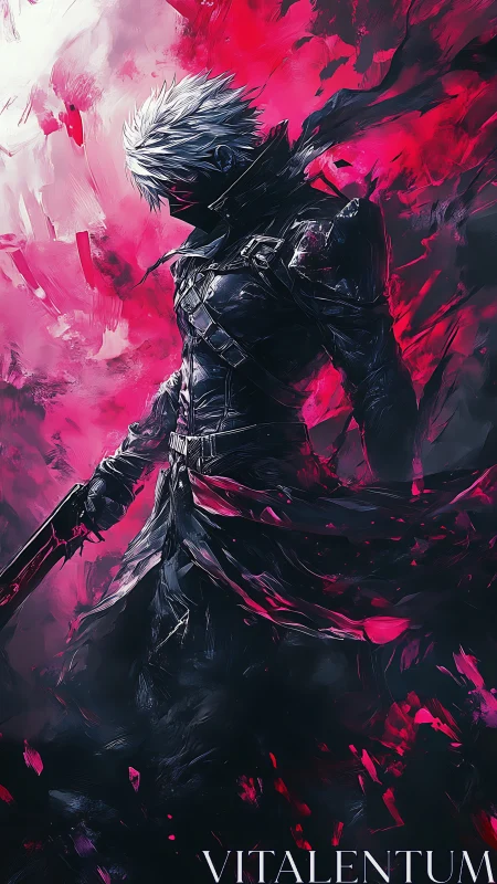 Blade-wielding warrior dissolves into crimson energy storm.