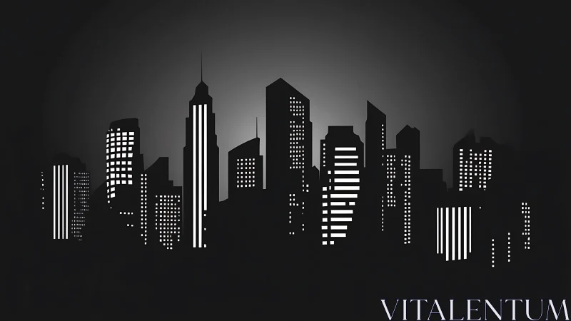 Minimalist black skyline glows with bright city lights.