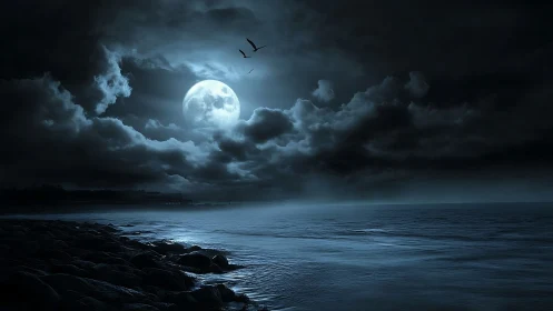 Moonlit storm clouds over dark shoreline seascape at night.