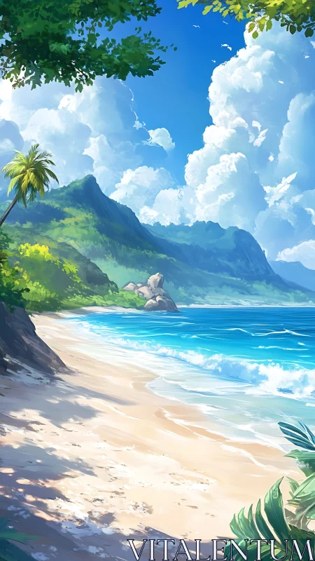 Tropical Beach Paradise with Emerald Mountains.