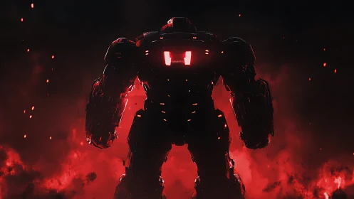 Silhouetted combat mech stands in red backlit smoke