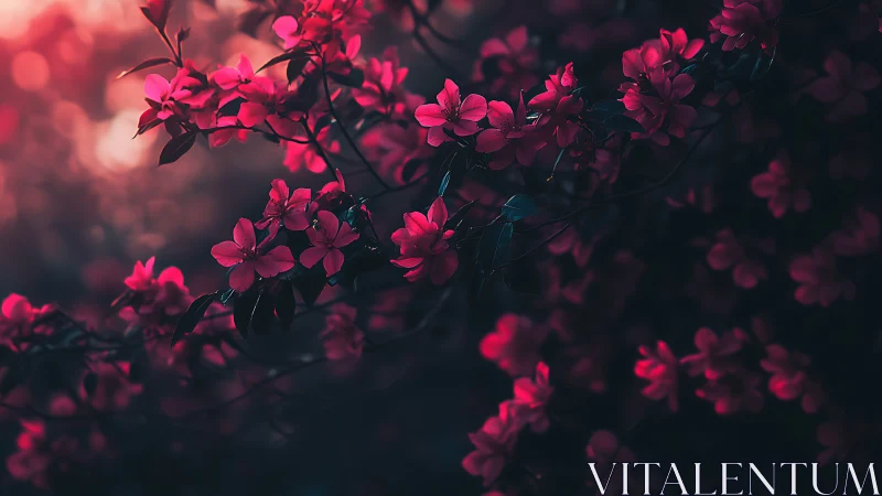 Magenta blossoms glow in ethereal twilight mystery.