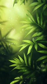 Lush green leaves shimmer softly in dreamy forest light.