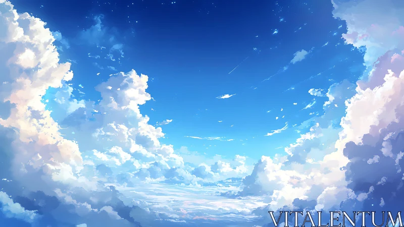 Expansive cumulus skyscape in luminous cel-shaded blue tones.