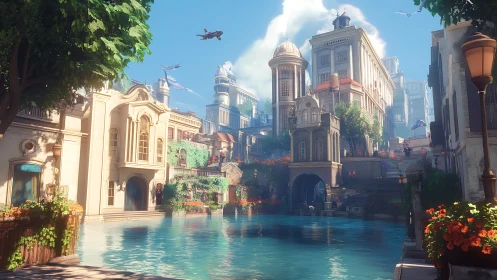 Sunlit canal city blends classic architecture with flying craft