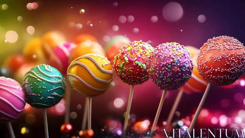 Colorful decorated cake pops arranged on sticks with bokeh background
