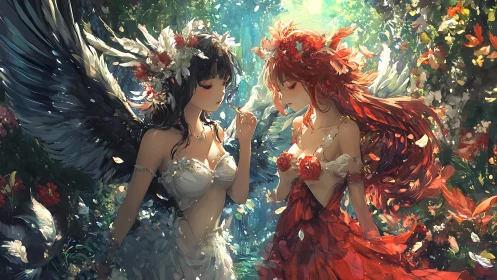 Dual-winged forest maidens in luminous floral embrace.