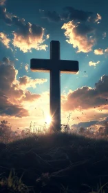 Stone cross stands on grassy hill against backlit sunset sky