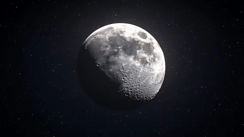 Waxing gibbous moon against dense starfield night sky.