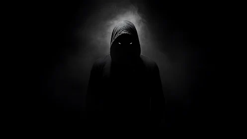 Cinematic hooded silhouette in high-contrast low‑key lighting.
