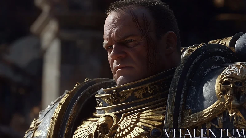 Weathered space warrior gazes ahead in ornate golden armor