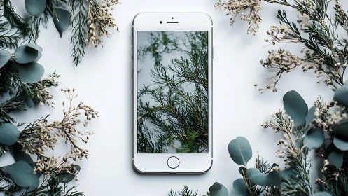 White iPhone Surrounded by Dried Flowers and Eucalyptus.