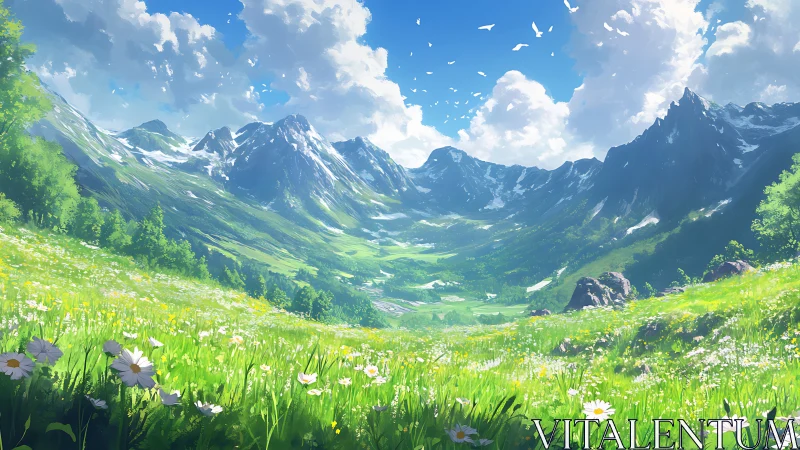 Digital alpine valley landscape with wildflower meadow.