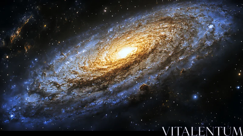Spiral galaxy glows with golden core amid deep blue cosmos.