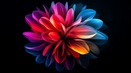 Vibrant multicolor digital flower on deep black background.