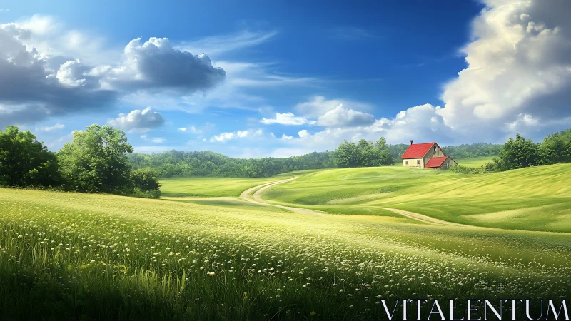 Rural cottage on rolling green meadows under cumulus sky