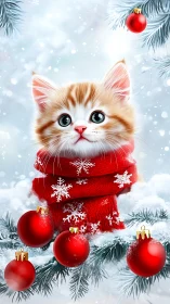 Ginger kitten in red scarf amid snowy fir and ornaments.
