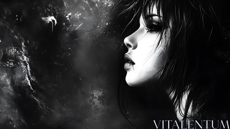 Monochrome digital profile study renders ethereal female portrait