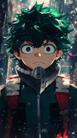 Wide-eyed green-haired hero in dramatic winter cityscape.