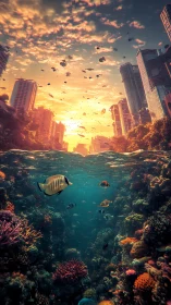 Submerged boulevard skyline with radiant coral reef horizon.