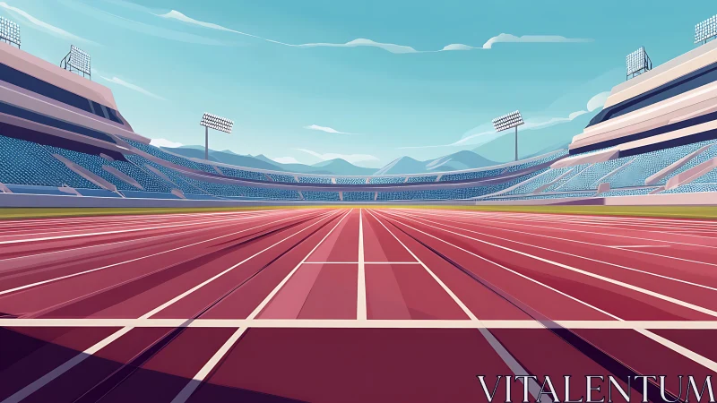 Empty athletics stadium track under clear sky at dawn.