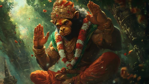 Hanuman-inspired monkey deity in forest meditation pose.