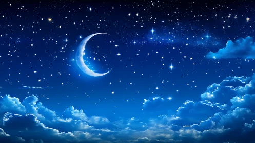 Crescent moon glows above luminous clouds and starfield.