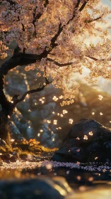 Digital cherry blossom tree over rocks in soft sunset light.