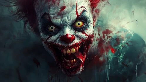 Grotesque clown portrait with hyper-detailed gore and feral gaze