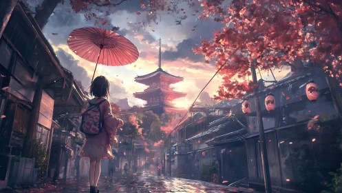 Girl under red umbrella in autumn Kyoto street at dusk.