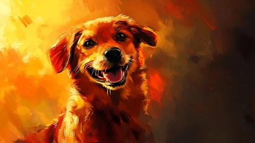 Radiant golden dog portrait glows in warm painterly light.