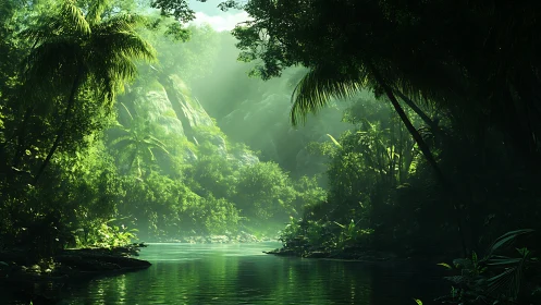 Emerald hush over a hidden jungle riverway at daybreak.