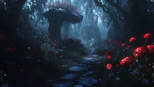 Bioluminescent Forest Path with Luminous Mushrooms and Ancient Stone Archway.