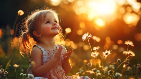 Young child in sunlit meadow surrounded by wildflowers.