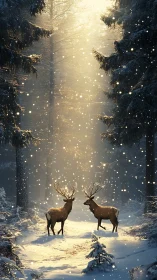 Winterlit stag duet beneath a snowfall cathedral of pine.