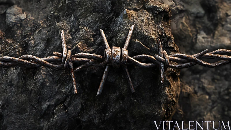 Rusty barbed wire cuts across dark rock in harsh light