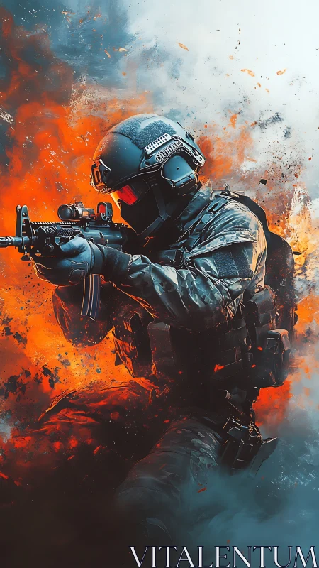 Elite tactical soldier advances through fiery battlefield chaos