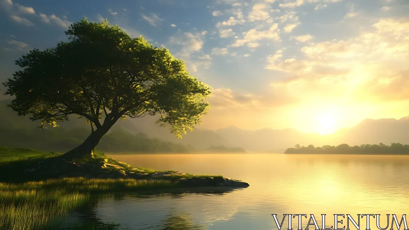 Solitary lakeside tree rendered in luminous sunrise lighting